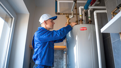 Close-Up of Plumber Installing Water Heater, Home Background, Tools and Equipment Visible, Professional Plumbing Work, Focused on Installation Process, Home Maintenance and Repair Concept