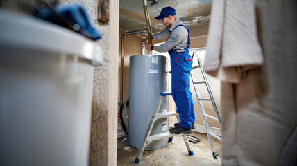 Close-Up of Plumber Installing Water Heater, Home Background, Tools and Equipment Visible, Professional Plumbing Work, Focused on Installation Process, Home Maintenance and Repair Concept