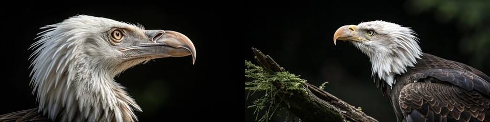 Fototapeta premium Dramatic portraits of two powerful eagles, showcasing their fierce expressions and intricate details.