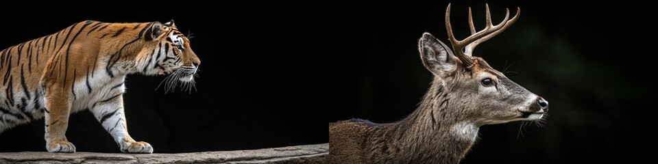 Naklejka premium A captivating image of a tiger and a deer, showcasing their unique features and expressions.