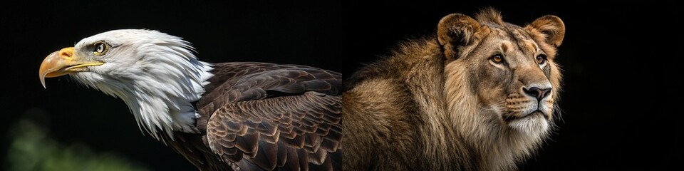Obraz premium A majestic bald eagle and a regal lion in profile, symbolizing strength and beauty in wildlife.