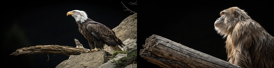 Fototapeta premium A striking contrast between a majestic eagle and a contemplative monkey, showcasing their unique characteristics.