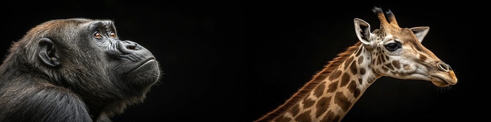 Fototapeta premium A striking image showcasing a gorilla and a giraffe in profile against a dark background.