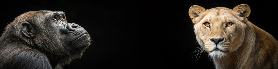 Fototapeta premium A powerful image of a gorilla and a lioness, capturing their intense gazes and majestic presence.