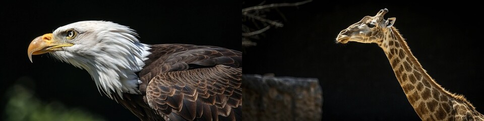 Obraz premium Stunning imagery featuring a bald eagle and a graceful giraffe in profile view.
