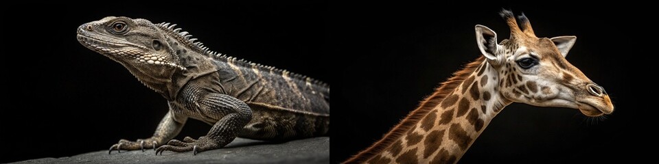 Fototapeta premium A fascinating combination of a lizard and a giraffe, showcasing their unique textures and features.