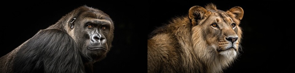 Fototapeta premium Intense gorilla and regal lion captured in striking detail, showcasing wildlife's power and beauty.