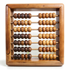 An old wooden abacus with colorful beads, set against a white background, ideal for historical, educational,
