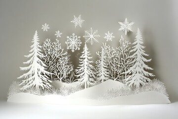 Obraz premium A paper - cut depiction of a snowy forest with intricate snowflakes and pine trees