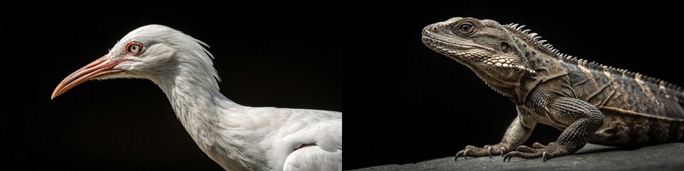 Obraz premium A unique juxtaposition of a white heron and a textured iguana against a dark background.