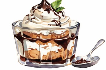 Delicious dessert in glass with whipped cream, chocolate sauce, mint leaf, and spoon on white.