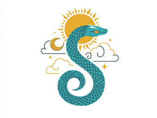 Fototapeta premium Snake illustration suitable for New Year's card in 2025, blue snake, Chinese zodiac, 12 zodiac, Year of the snake, New Year's card, Season's card, blue snake, Korea, Japan