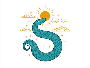Snake illustration suitable for New Year's card in 2025, blue snake, Chinese zodiac, 12 zodiac, Year of the snake, New Year's card, Season's card, blue snake, Korea, Japan
