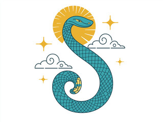 Obraz premium Snake illustration suitable for New Year's card in 2025, blue snake, Chinese zodiac, 12 zodiac, Year of the snake, New Year's card, Season's card, blue snake, Korea, Japan