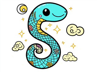 Snake illustration suitable for New Year's card in 2025, blue snake, Chinese zodiac, 12 zodiac, Year of the snake, New Year's card, Season's card, blue snake, Korea, Japan