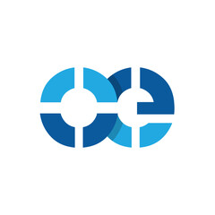 The image shows a flat monogram logo design of an initial letter OE in blue color combination that looks clean on a white background