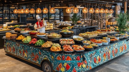 Fototapeta premium A vibrant buffet featuring a variety of colorful dishes and a chef preparing food.