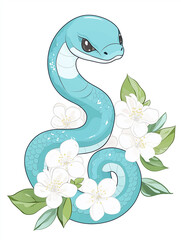 Fototapeta premium Snake illustration suitable for New Year's card in 2025, blue snake, Chinese zodiac, 12 zodiac, Year of the snake, New Year's card, Season's card, blue snake, Korea, Japan