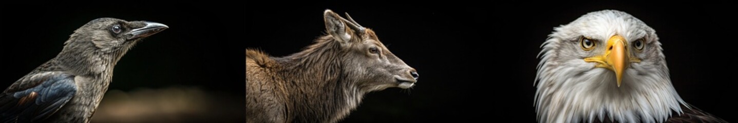 Obraz premium Captivating crow, gentle deer, and fierce eagle portrayed in a dramatic wildlife scene.