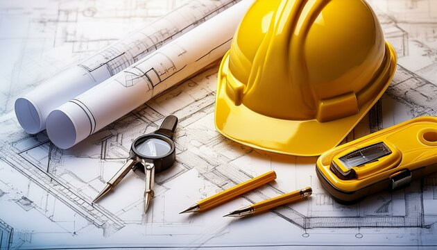 Blueprints construction and a yellow hardhat with a compass, constriction