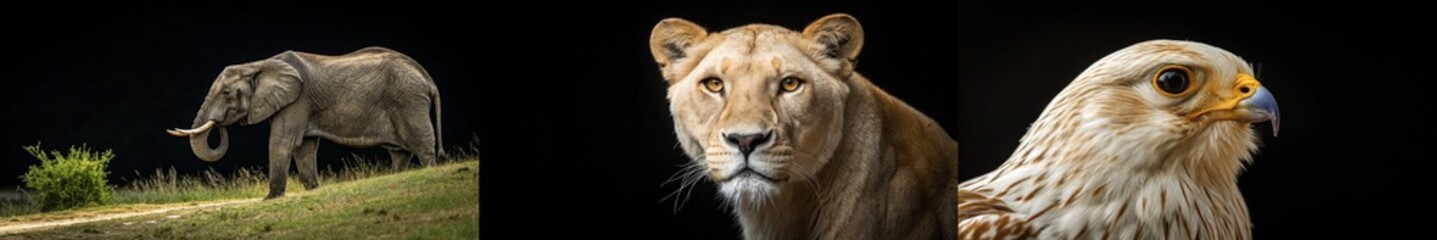 Obraz premium A majestic elephant, lioness, and hawk captured against a dark backdrop, showcasing wildlife diversity.