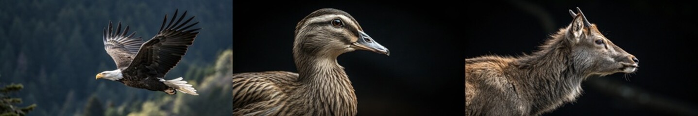 Obraz premium A dynamic wildlife scene featuring a soaring eagle, duck, and deer, capturing the essence of nature.