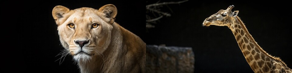 Fototapeta premium Majestic lioness and graceful giraffe captured in stunning detail against a dark backdrop.