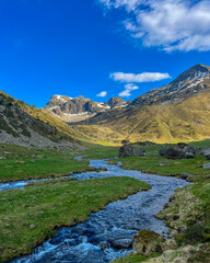 Crystal clear mountain stream winds through green valley majestic peak