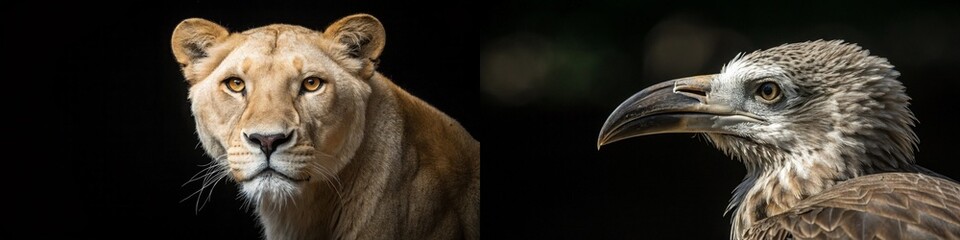 Fototapeta premium A striking portrait of a lioness and a vulture, showcasing their unique characteristics and expressions.