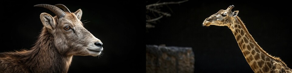 Fototapeta premium A curious goat and a graceful giraffe captured in detail, showcasing their unique features against a dark backdrop.