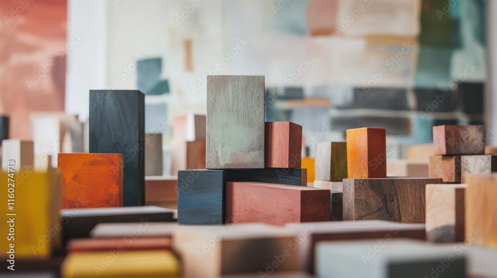 Aufkleber an artistic studio with blocks used in abstract sculptures, blocks arranged for artistic expression,
