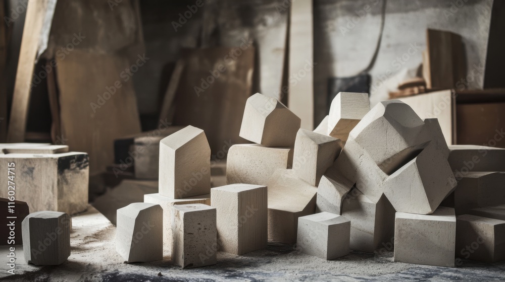 Aufkleber an artistic studio with blocks used in abstract sculptures, blocks arranged for artistic expression,
