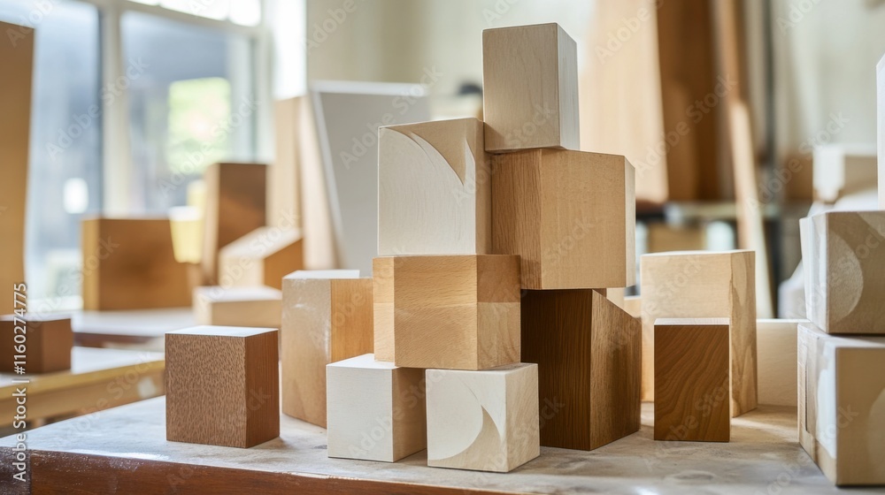 Aufkleber an artistic studio with blocks used in abstract sculptures, blocks arranged for artistic expression,