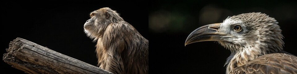 Fototapeta premium A thoughtful monkey and a vulture, capturing the essence of wildlife in striking detail.