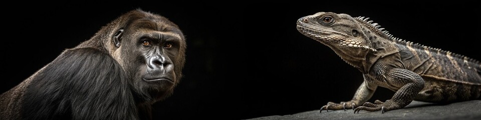 A compelling image of a gorilla and an iguana, highlighting their unique features against a dark background.