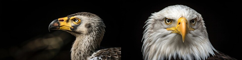Obraz premium Close-up portraits of an eagle and a hawk, emphasizing their fierce expressions and striking features.