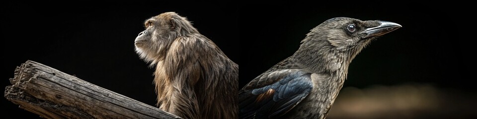 A contemplative monkey and a curious bird captured in detail, showcasing their unique features against a dark backdrop.