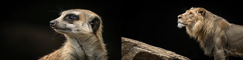 Fototapeta premium A charming meerkat and a regal lion share the frame, emphasizing wildlife beauty and diversity.