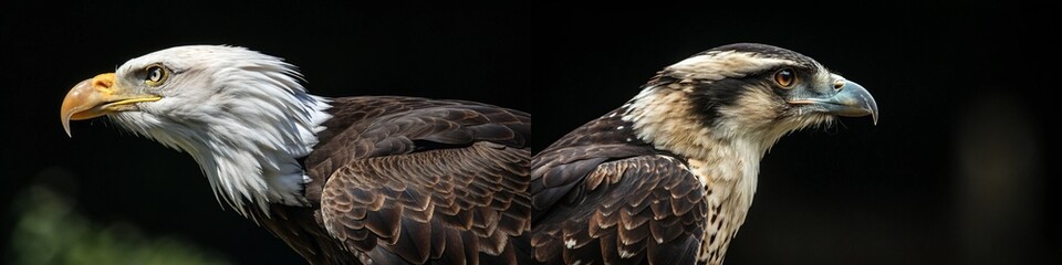 Fototapeta premium A captivating side-by-side view of two eagles, showcasing their powerful features and striking expressions.