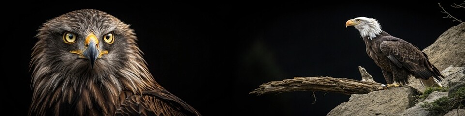 Obraz premium Powerful eagle portraits against a dramatic backdrop, showcasing their fierce gaze and majestic presence.
