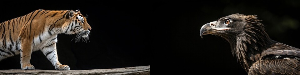 Obraz premium A powerful juxtaposition of a tiger and an eagle, highlighting their majestic features.