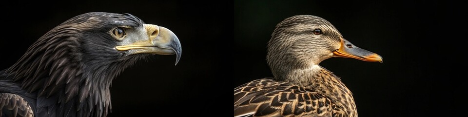 Fototapeta premium Close-up portraits of an eagle and a duck, showcasing their distinct features and expressions.
