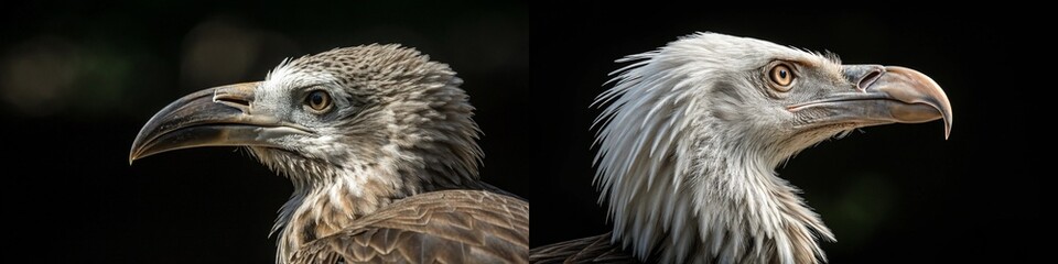 A dramatic display of two vultures in profile, highlighting their unique features and expressions.