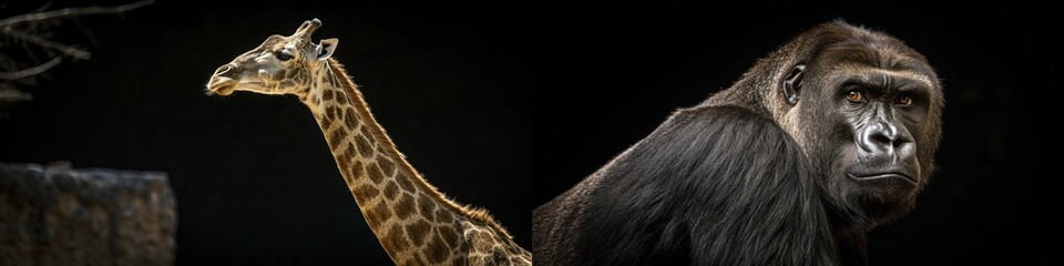 Stunning portraits of a giraffe and a gorilla, highlighting their unique features and expressions.