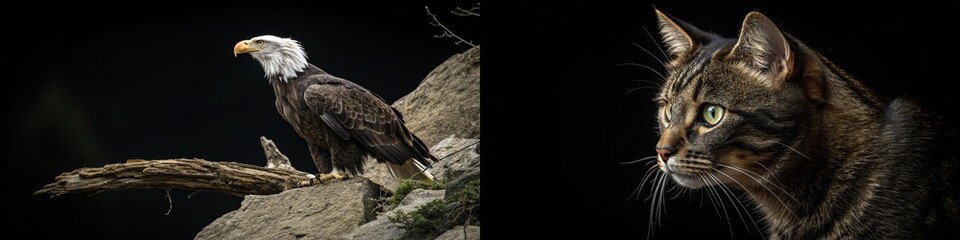 Obraz premium A dramatic juxtaposition of a regal eagle and a curious cat, showcasing their unique features and expressions.