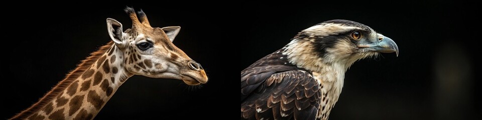 Naklejka premium A fascinating image featuring a giraffe and an eagle, highlighting their unique profiles against a dark background.