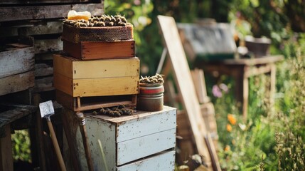 An atmospheric beekeeping apiary with tools for honey extraction, Apiarist's hive management style, photo of