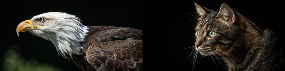 Obraz premium A striking profile of a bald eagle and a focused tabby cat, showcasing their unique features.