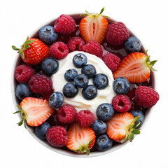 Obraz premium Bowl of Fresh Fruits with Creamy Yogurt Topping, Strawberries, Blueberries, Raspberries, and Blackberries, Smooth White Yogurt at Center, Isolated on White Background, Healthy and Fresh Food 