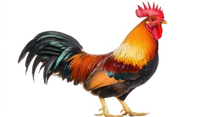 Fototapeta premium Rooster with Colorful Feathers on a White Background